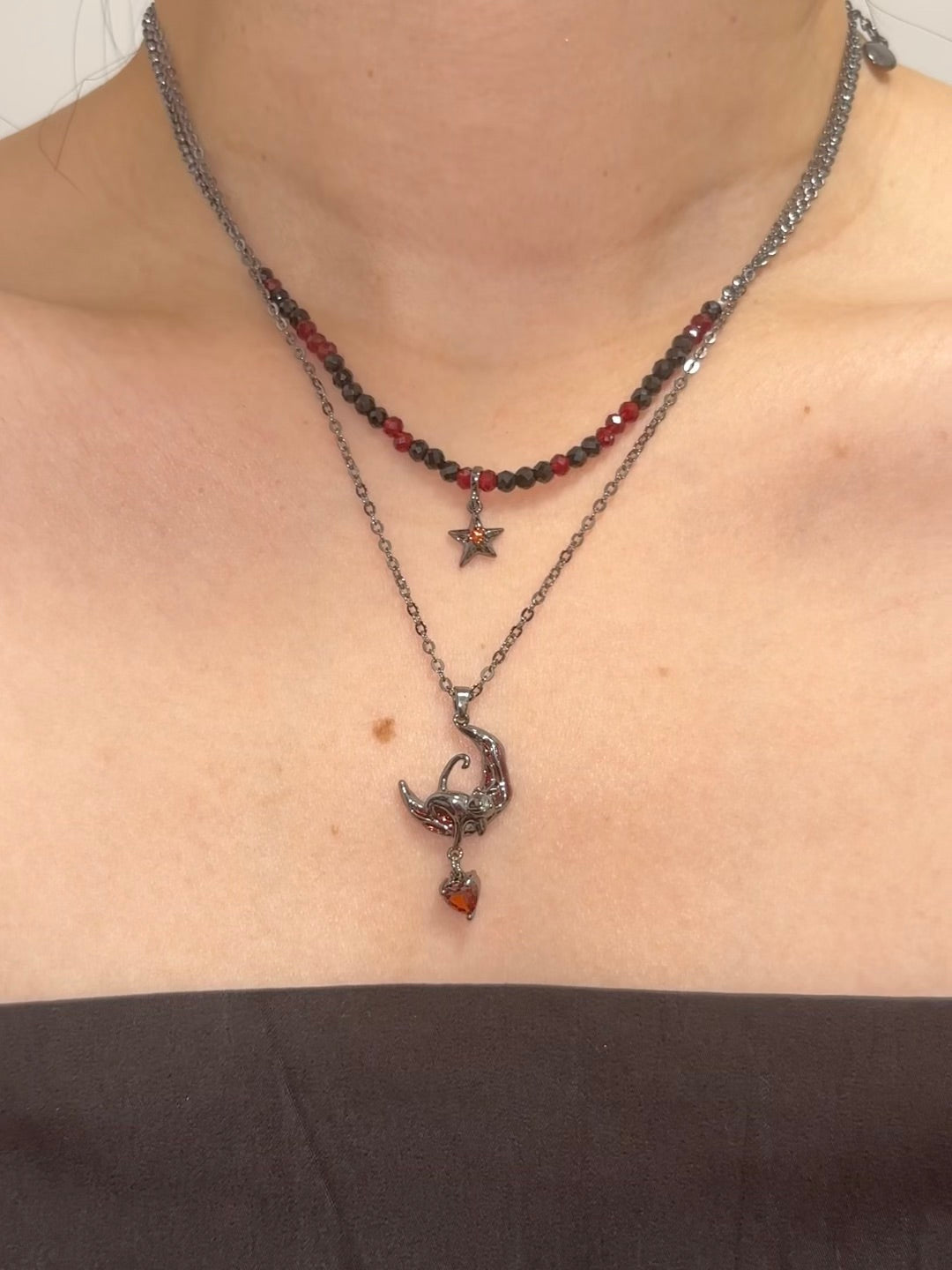 Y2K Goth Black Cat & Red Moon Double Layer Necklace for Arlecchino & Lyney
