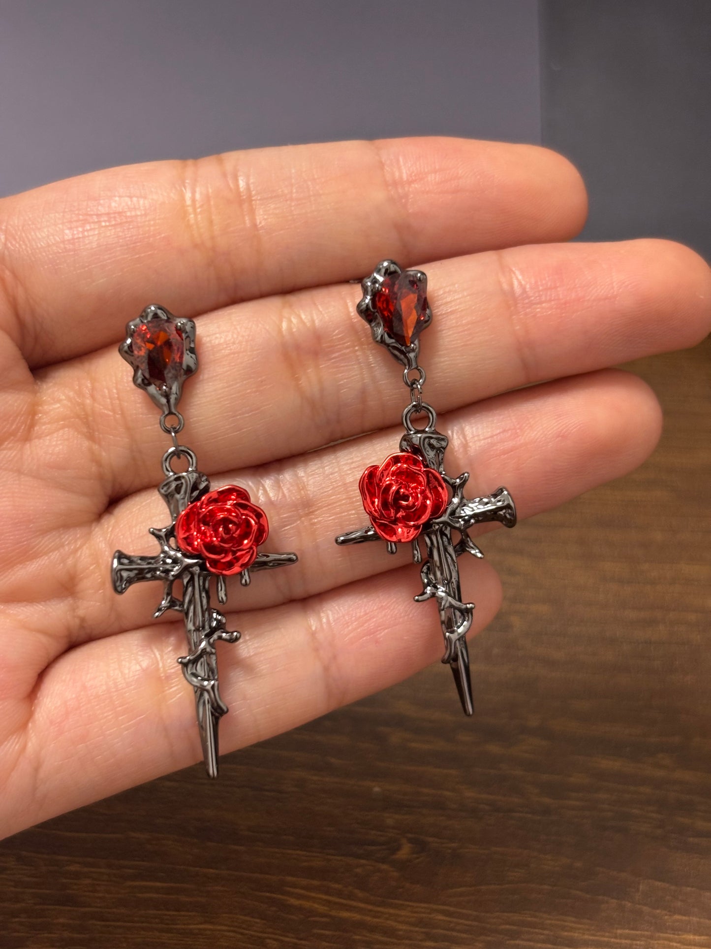Gothic Style Red Rose & Cross Zircon Stud Earrings