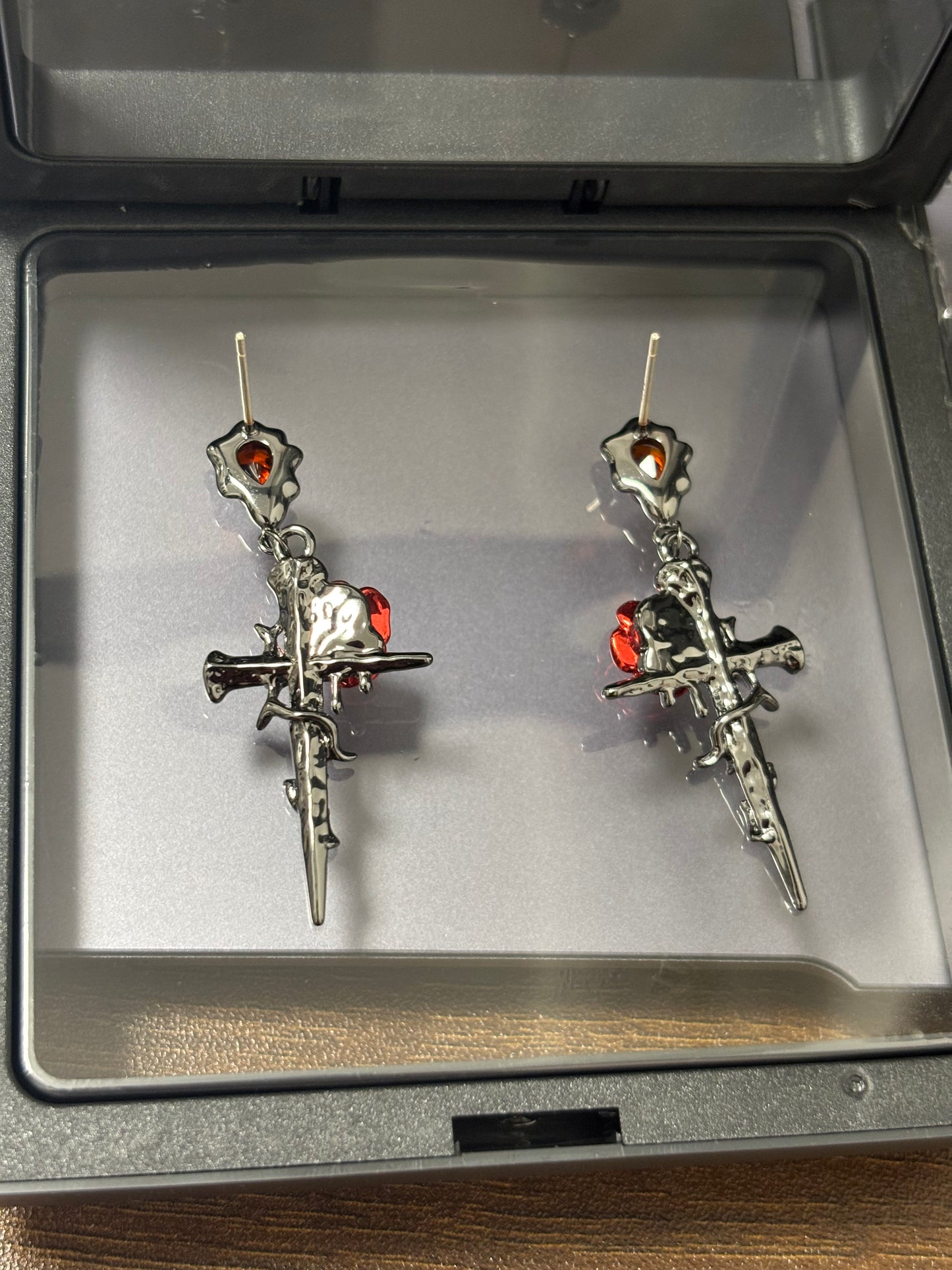 Gothic Style Red Rose & Cross Zircon Stud Earrings