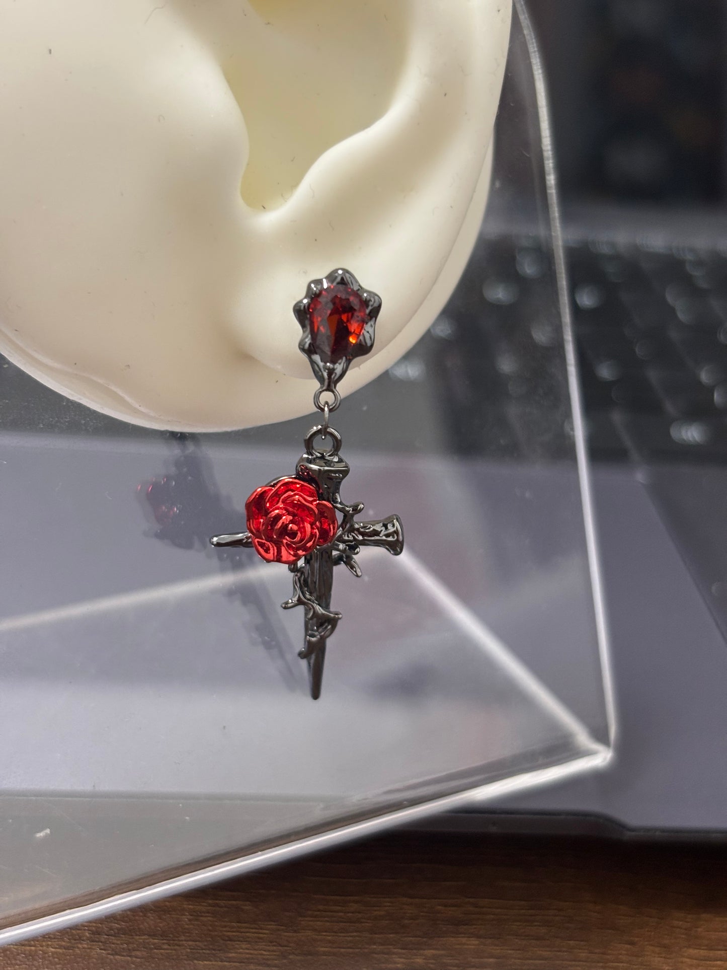 Gothic Style Red Rose & Cross Zircon Stud Earrings