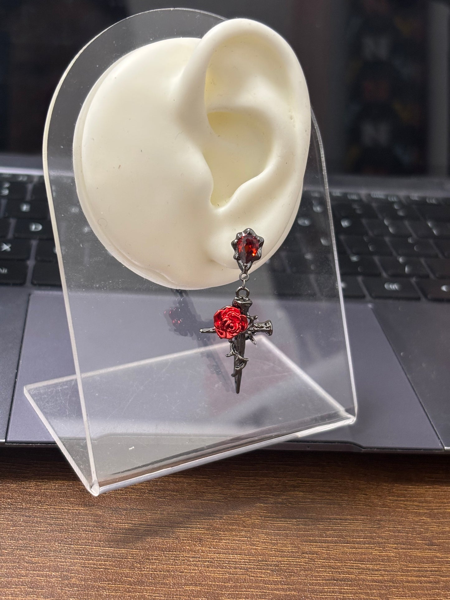 Gothic Style Red Rose & Cross Zircon Stud Earrings