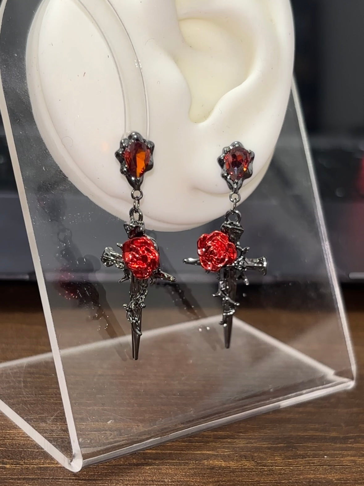 Gothic Style Red Rose & Cross Zircon Stud Earrings