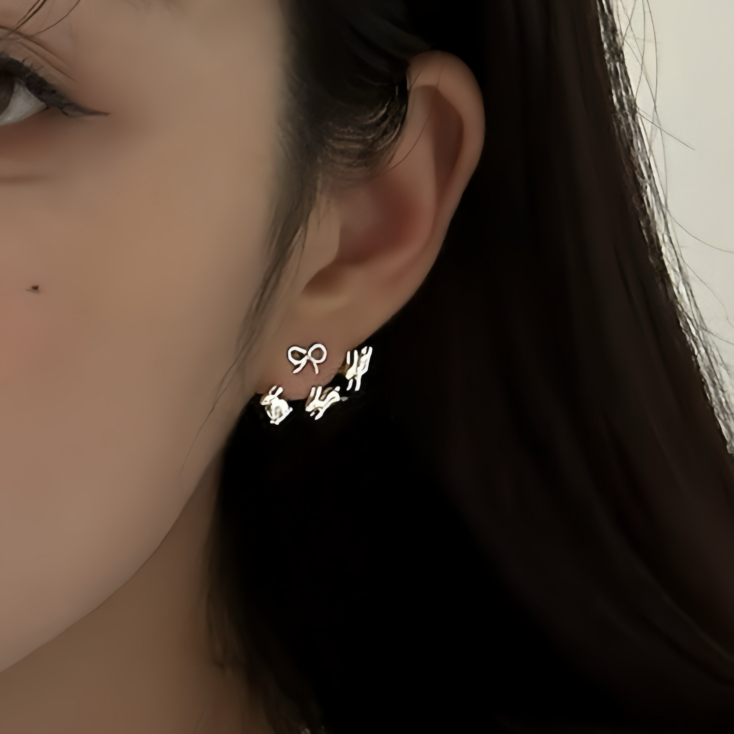 Sweet Bow & Running Rabbit Stud Earrings