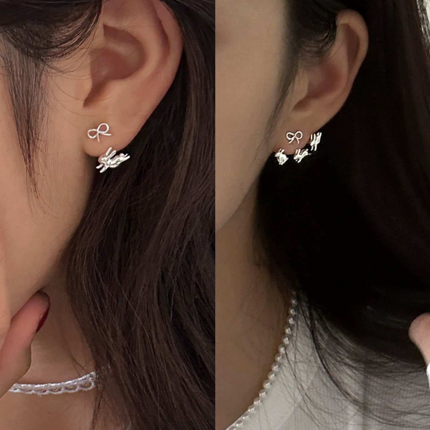 Sweet Bow & Running Rabbit Stud Earrings