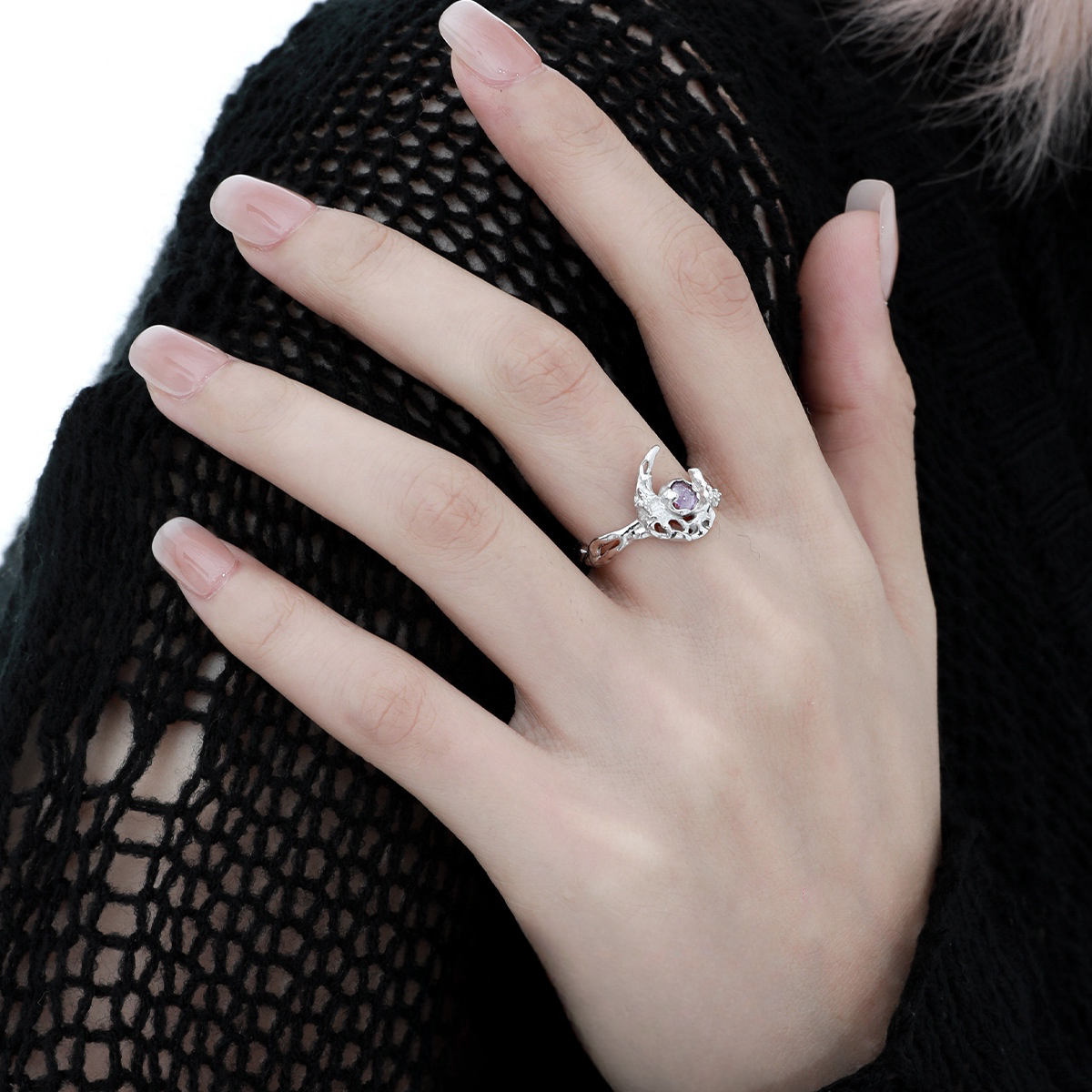 S925 Silber Lila Zirkon Halbmond Ohrstecker / Ring