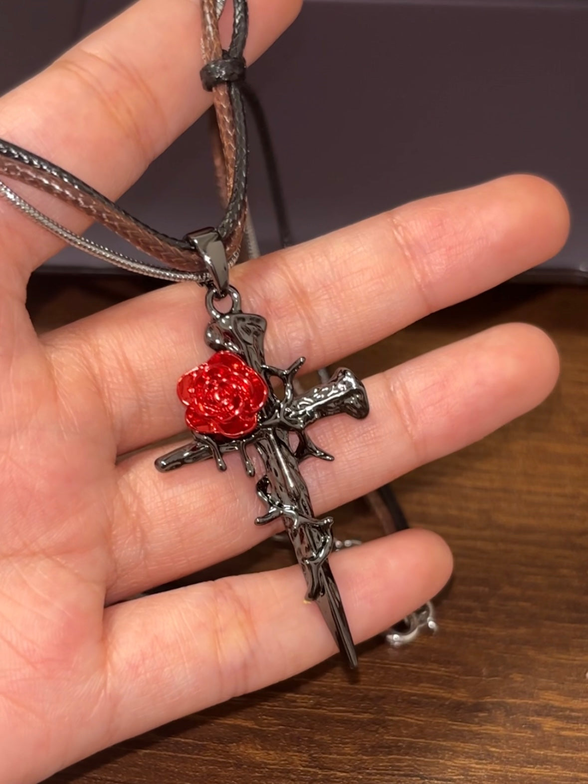 Gothic Style Red Rose & Cross Zircon Necklace