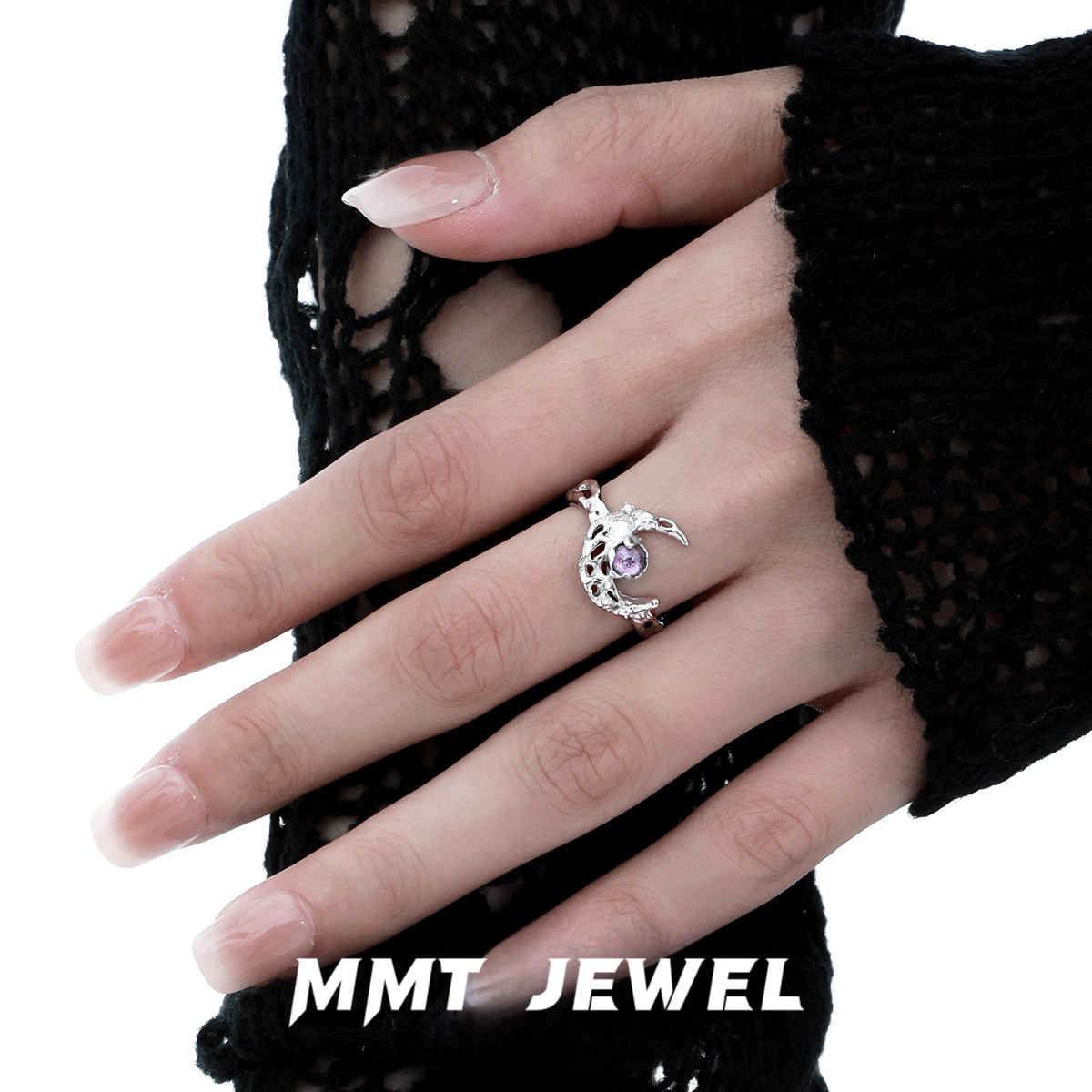 S925 Silber Lila Zirkon Halbmond Ohrstecker / Ring