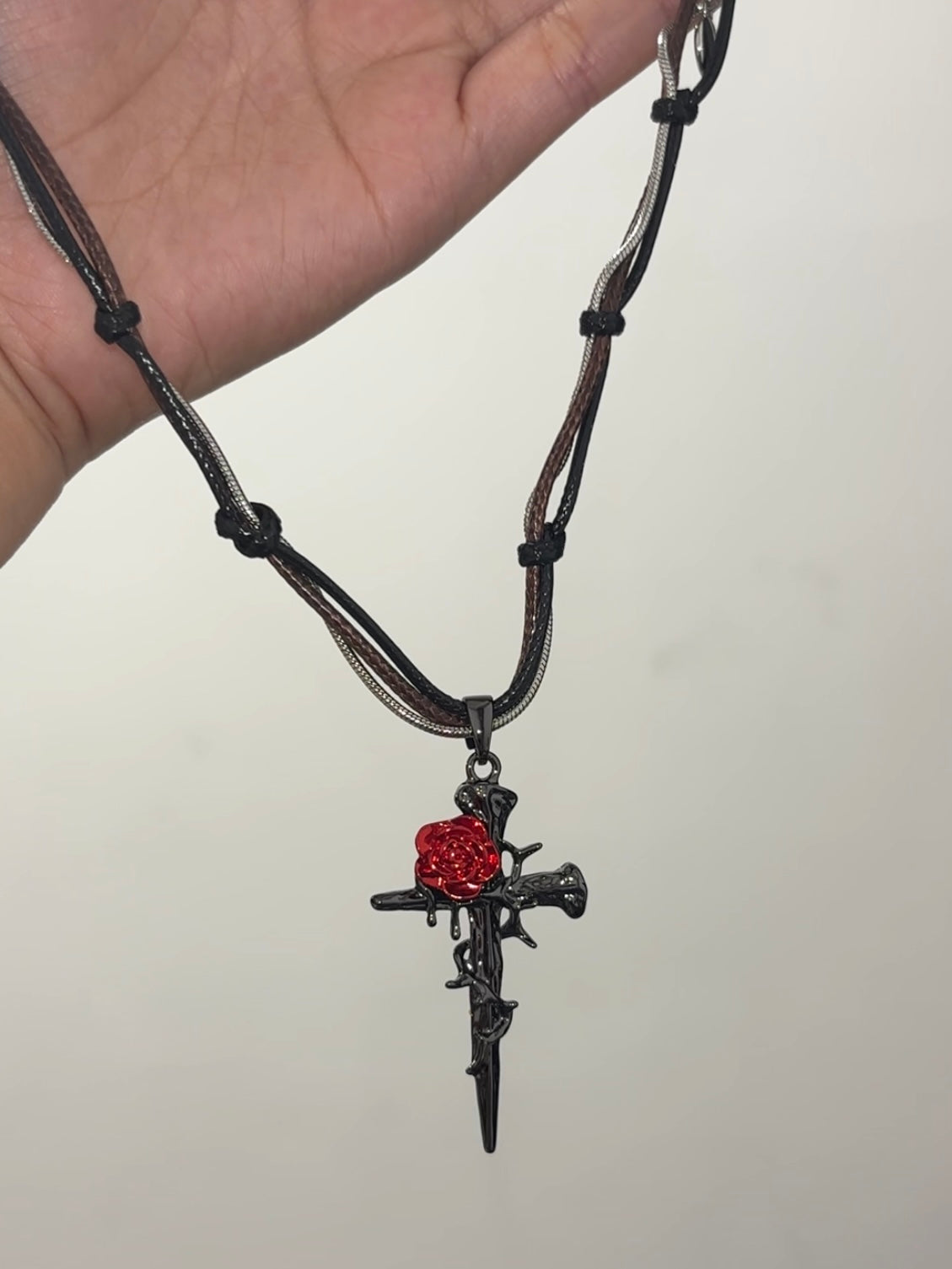Gothic Style Red Rose & Cross Zircon Necklace