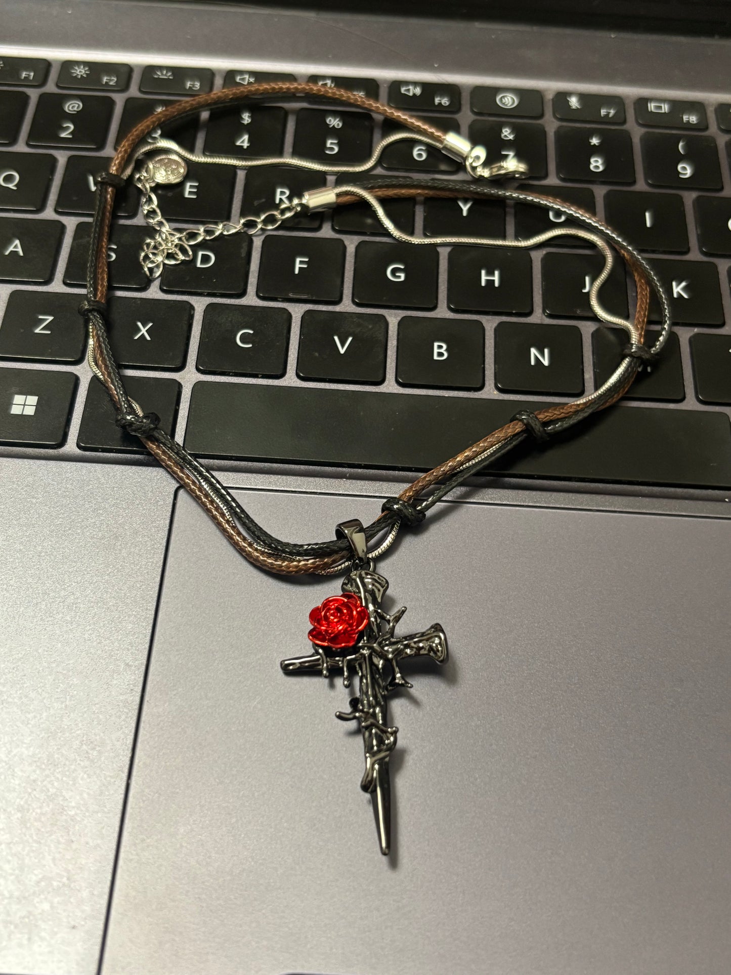Gothic Style Red Rose & Cross Zircon Necklace
