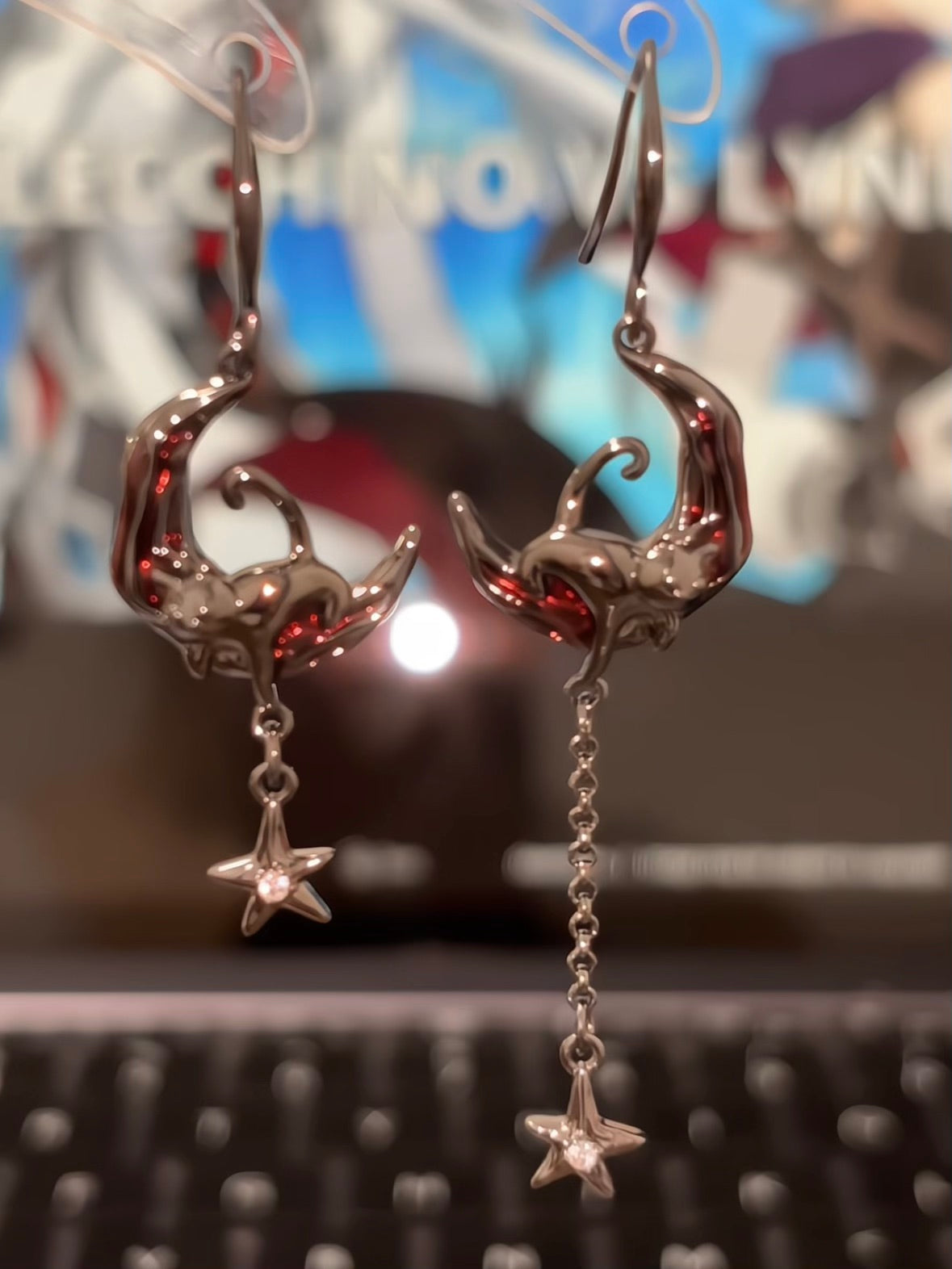 Y2K Goth Black Cat & Red Moon Asymmetrical Hook Earrings
