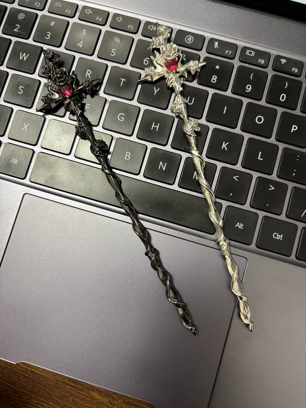 Unisex Goth Thorn Rose Cross Hairpin