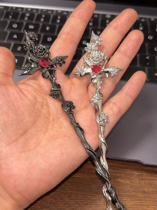 Unisex Goth Thorn Rose Cross Hairpin