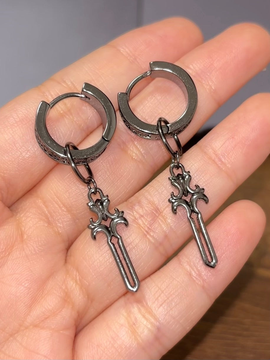 Goth Unisex Black Iris Sword Hoop Earrings for Clorinde
