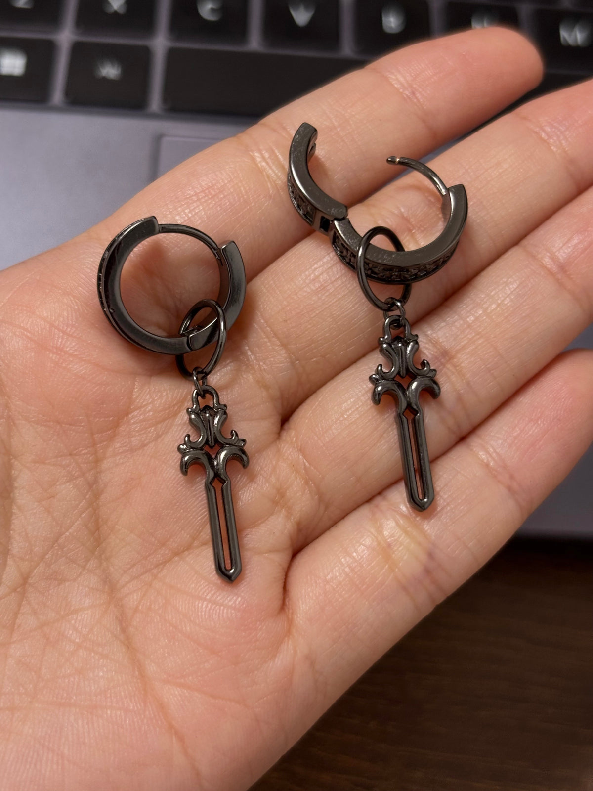 Goth Unisex Black Iris Sword Hoop Earrings for Clorinde