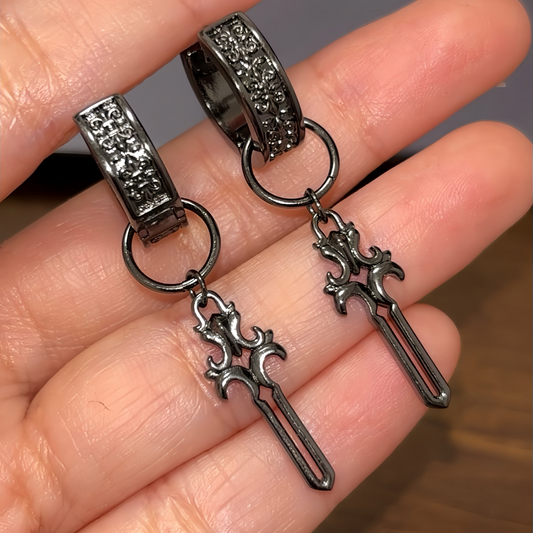 Goth Unisex Black Iris Sword Hoop Earrings for Clorinde