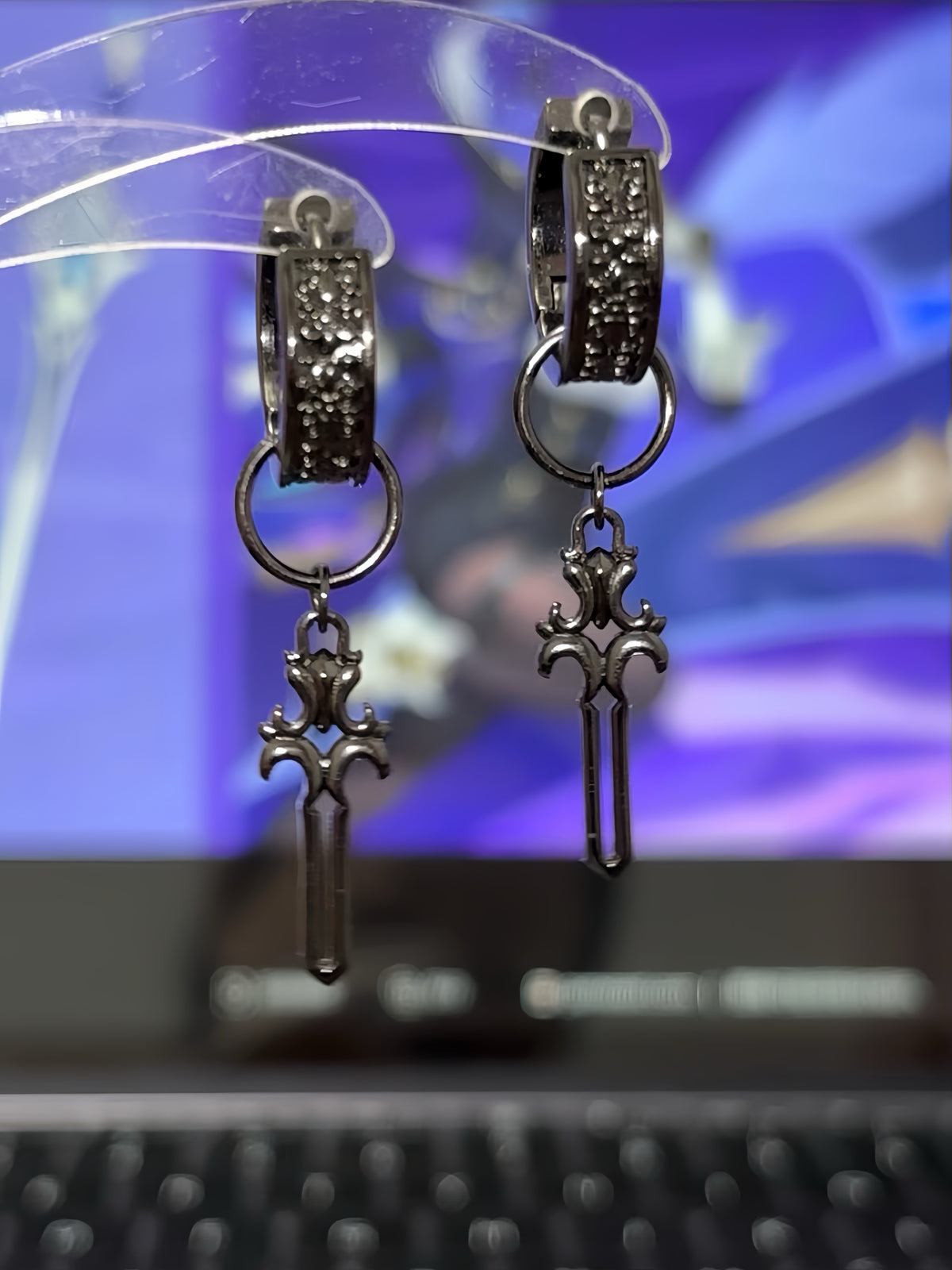 Goth Unisex Black Iris Sword Hoop Earrings for Clorinde