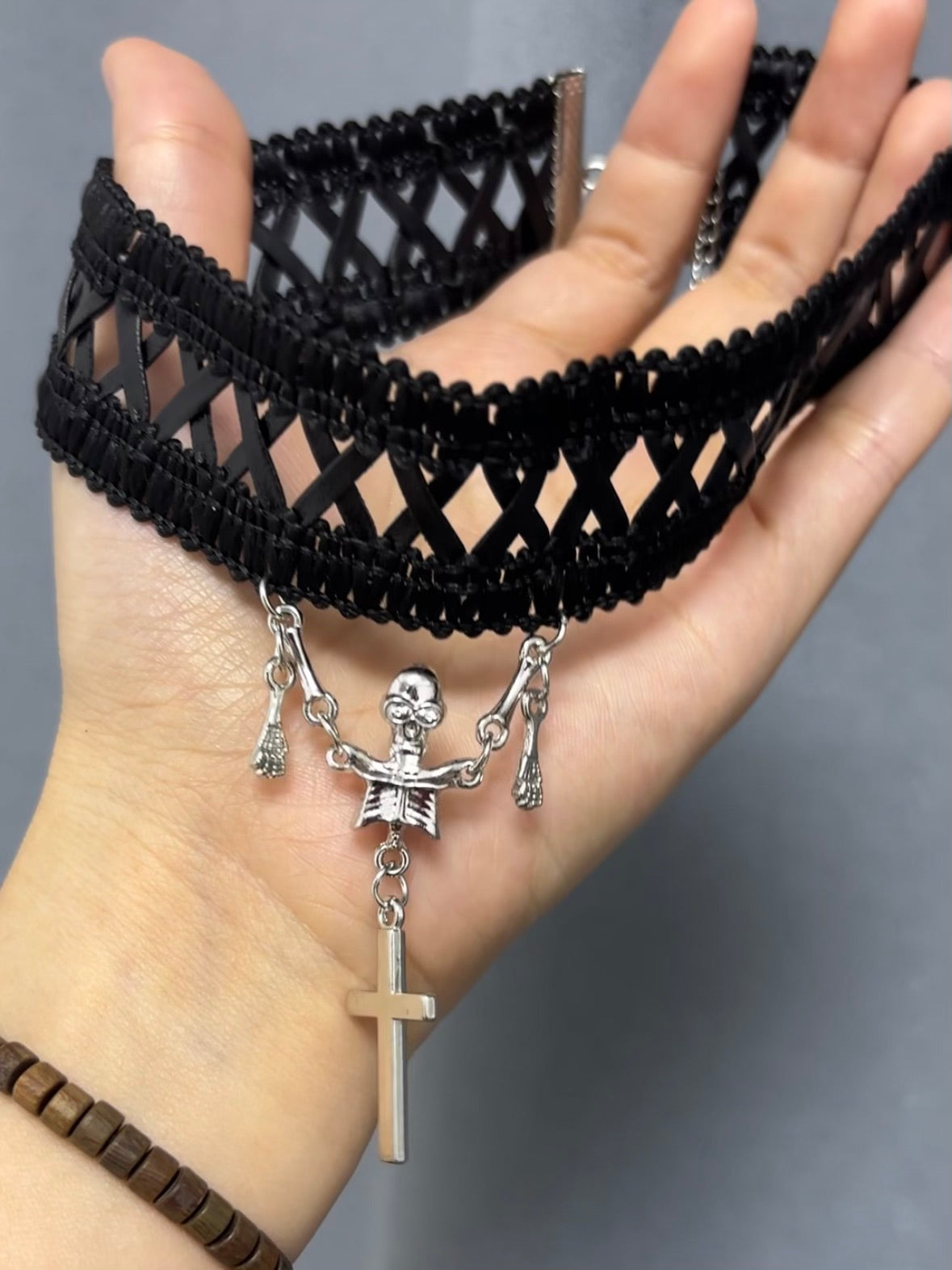Goth Punk Cross and Skull Double Layer Choker Necklace
