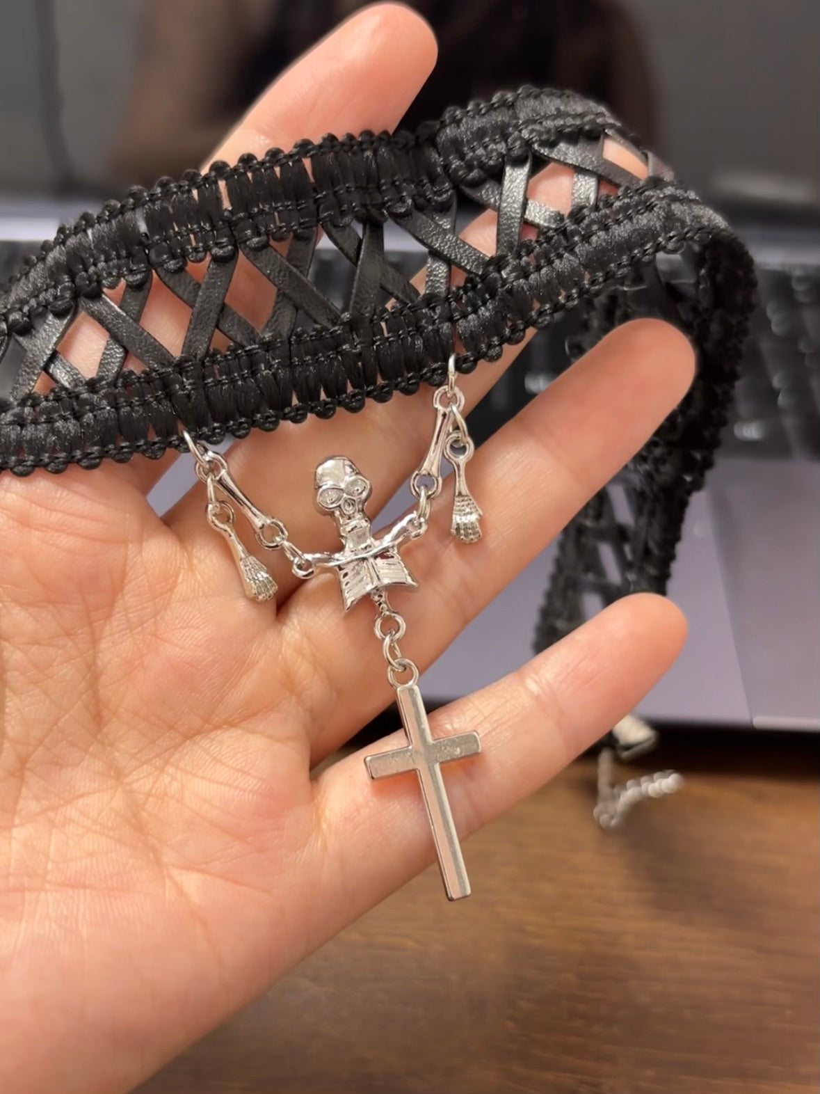 Goth Punk Cross and Skull Double Layer Choker Necklace