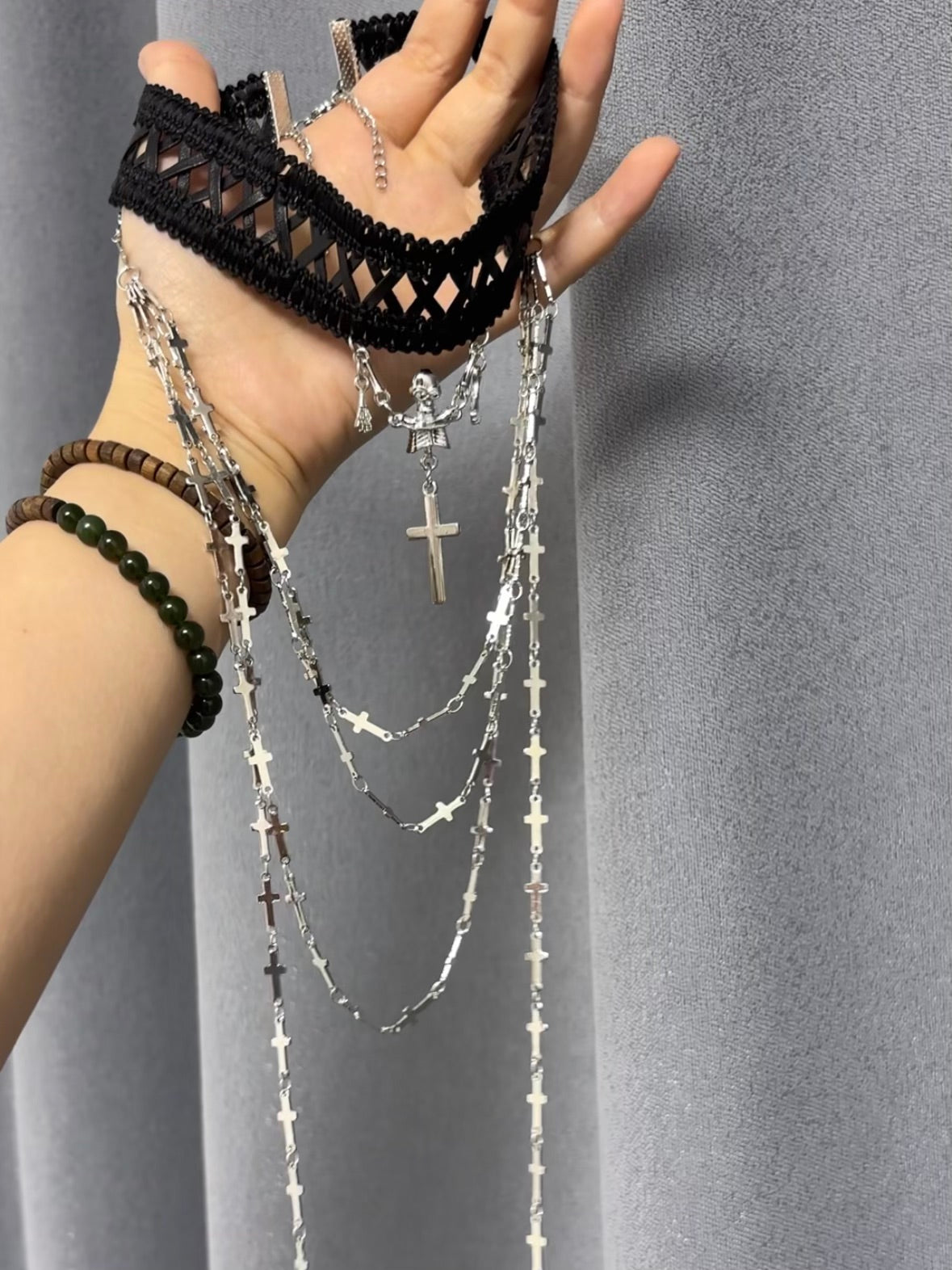 Goth Punk Cross and Skull Double Layer Choker Necklace