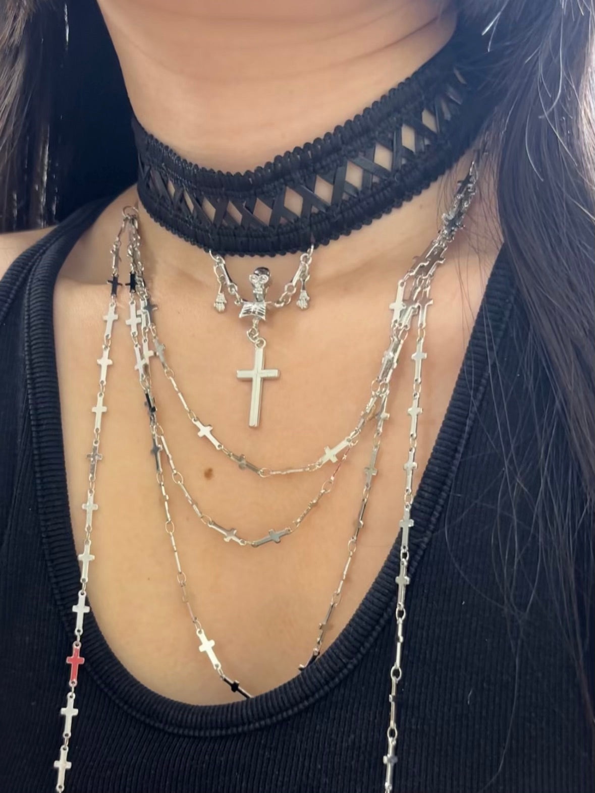 Goth Punk Cross and Skull Double Layer Choker Necklace