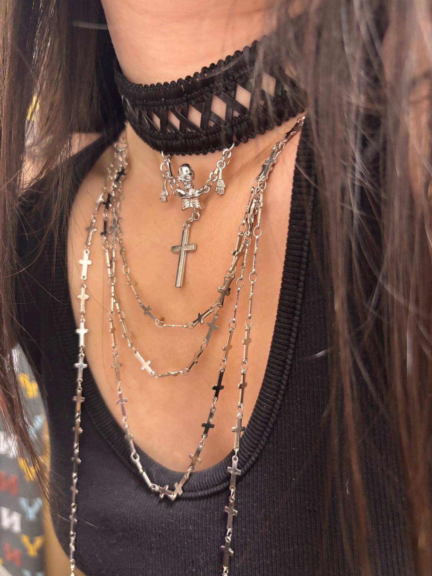 Goth Punk Cross and Skull Double Layer Choker Necklace