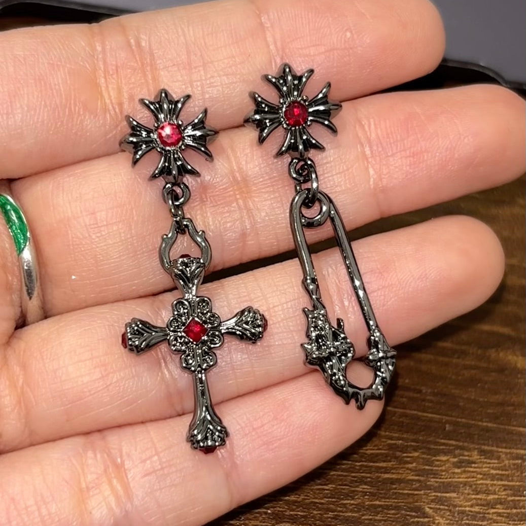 Goth Iris Cross Asymmetrical Stud Earrings