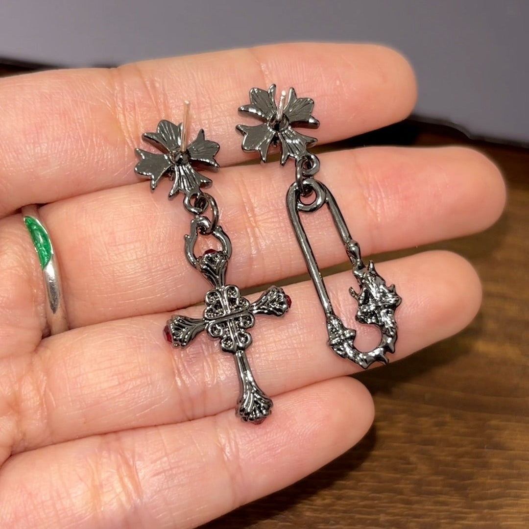 Goth Iris Cross Asymmetrical Stud Earrings