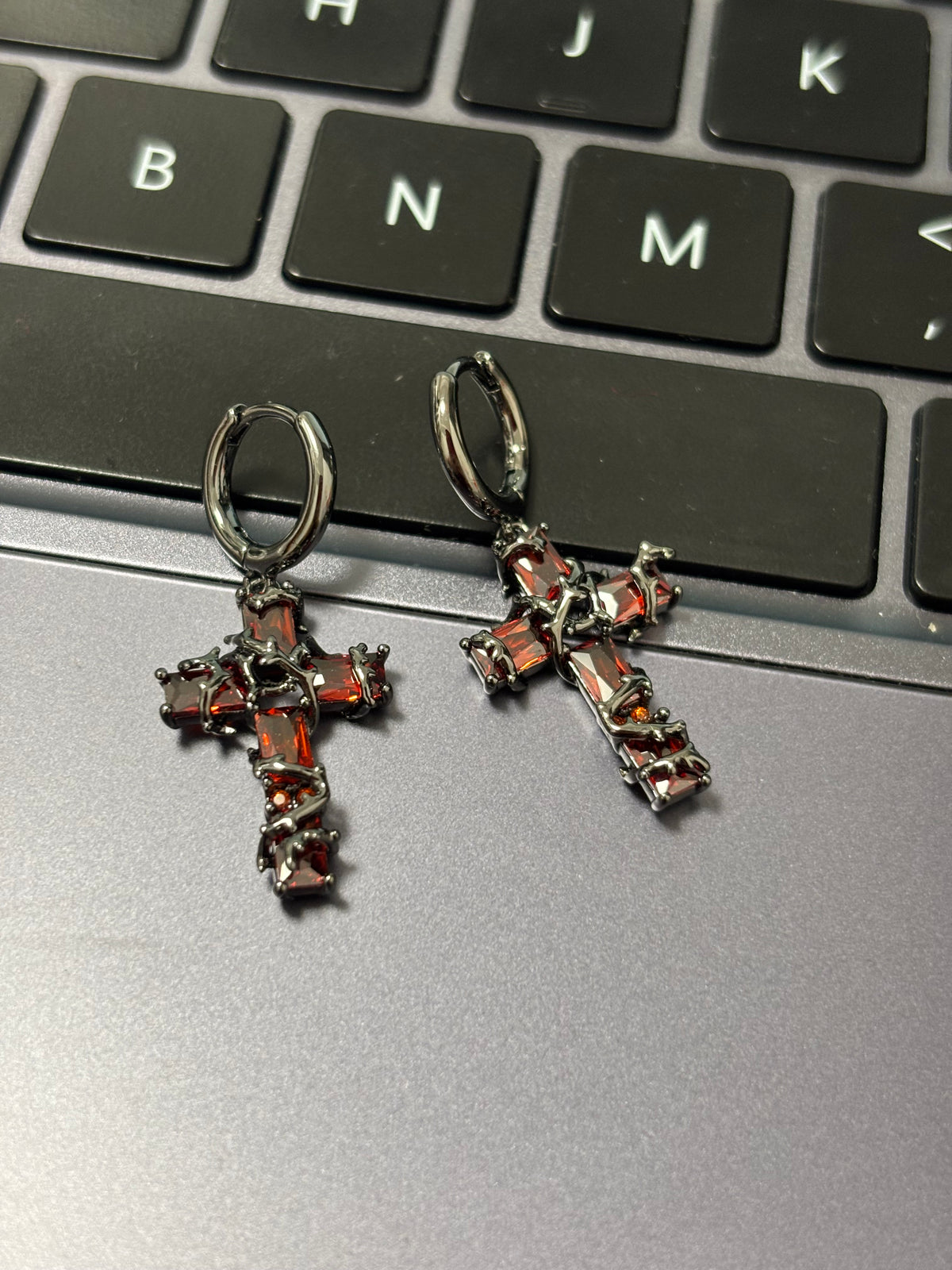 Goth Red Thorn Cross Hoop Earrings