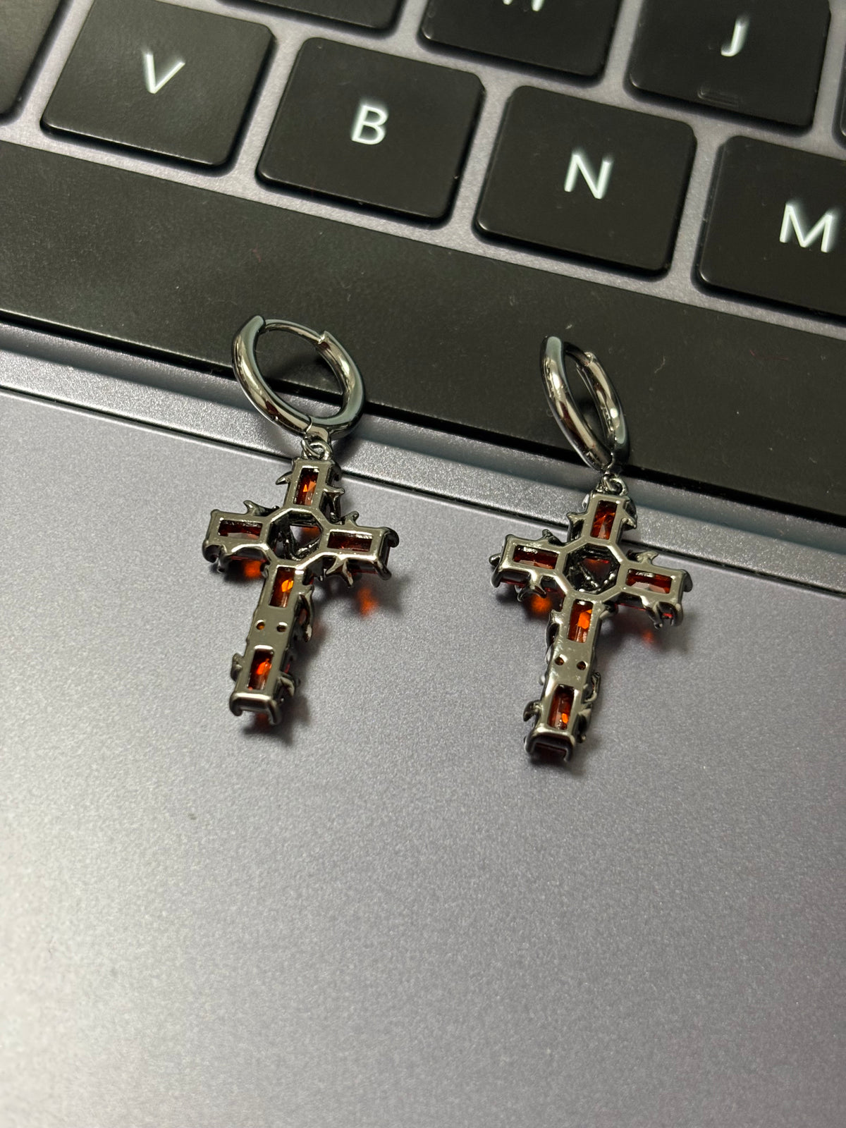 Goth Red Thorn Cross Hoop Earrings