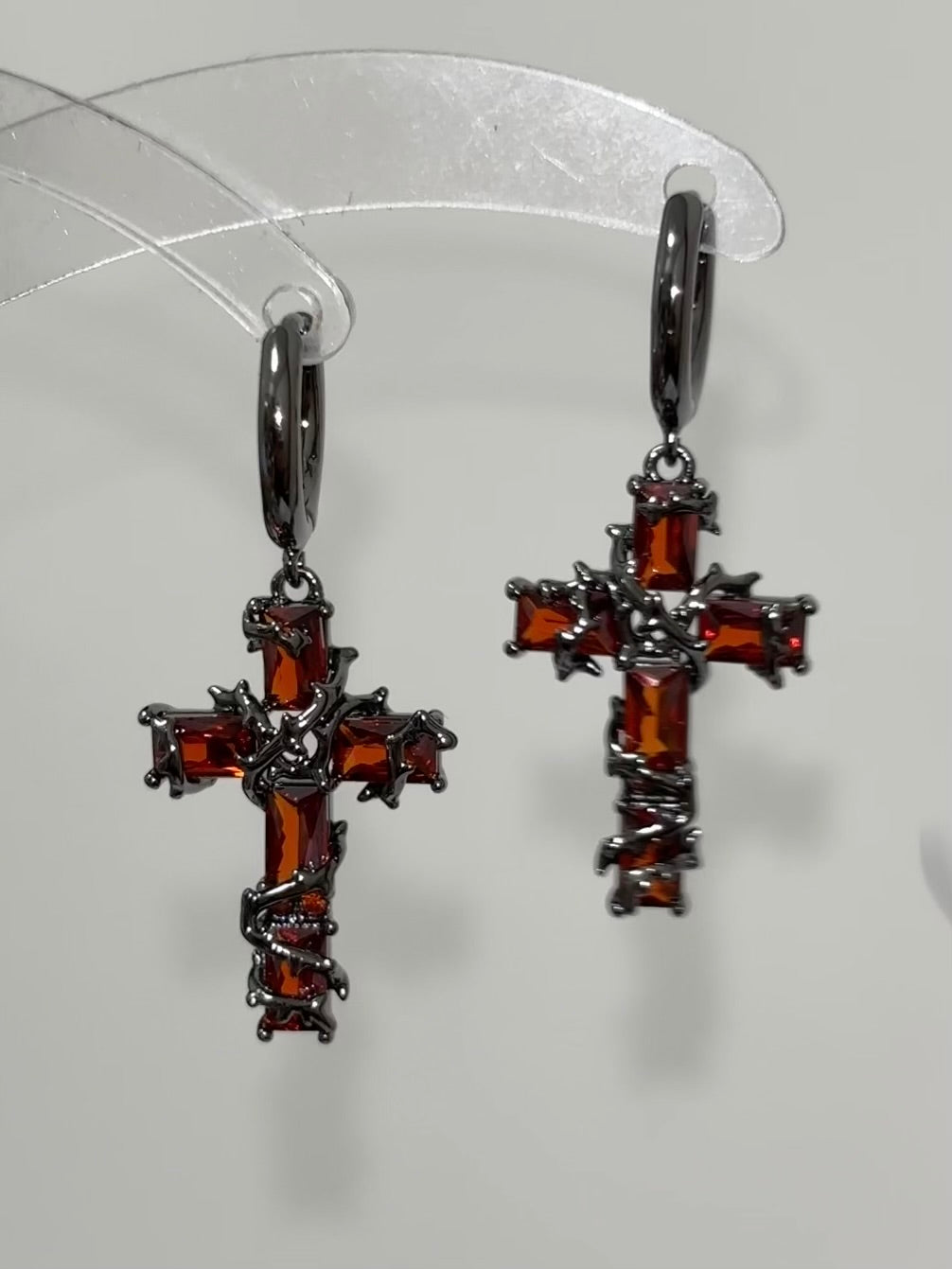 Goth Red Thorn Cross Hoop Earrings