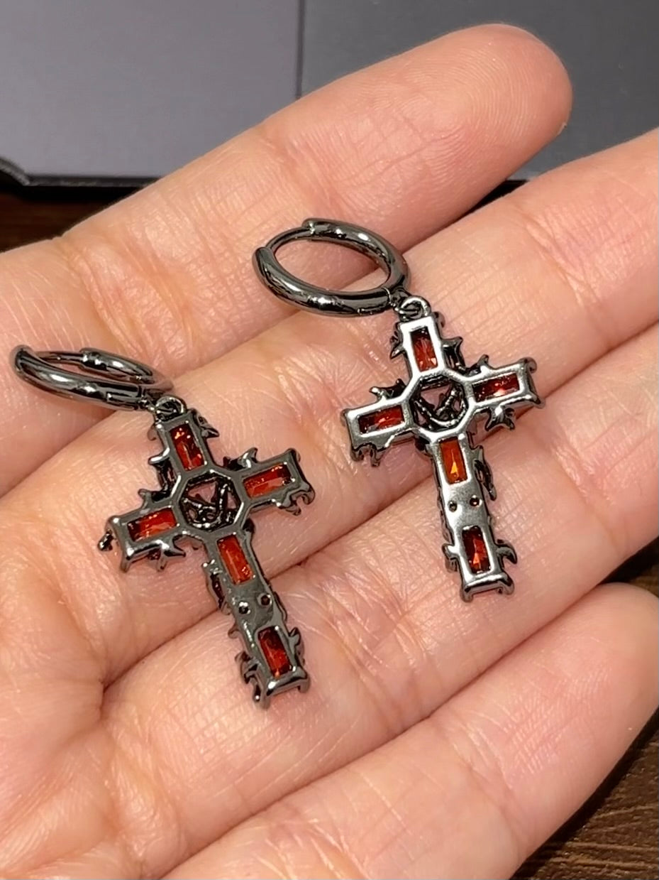 Goth Red Thorn Cross Hoop Earrings