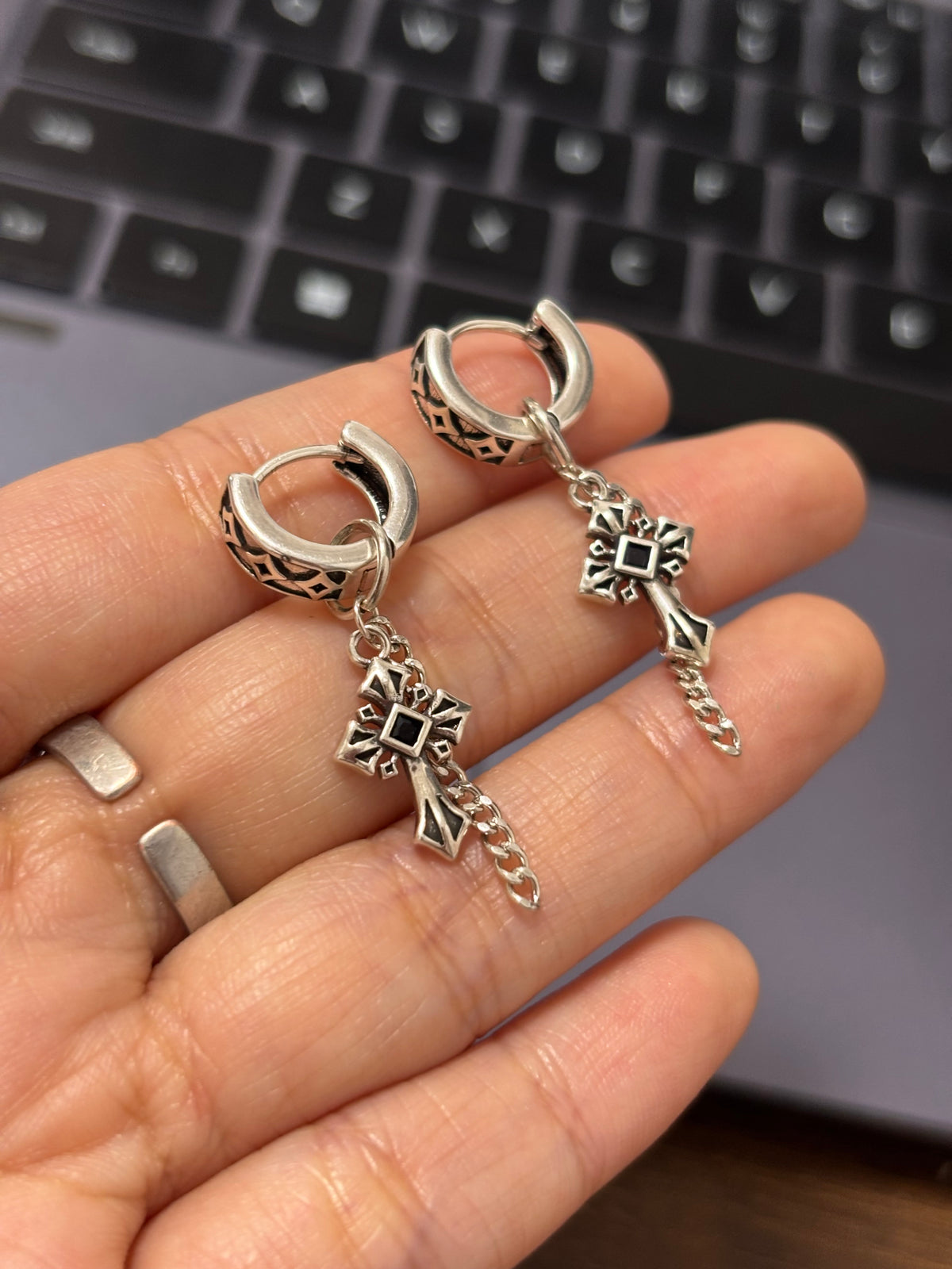 Dark Vintage Cross Metal Hoop Earring