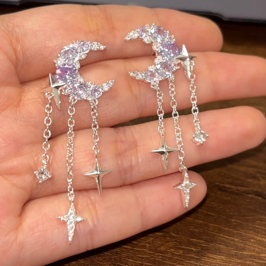 Shining Star & Moon Rhinestone Stud Earrings