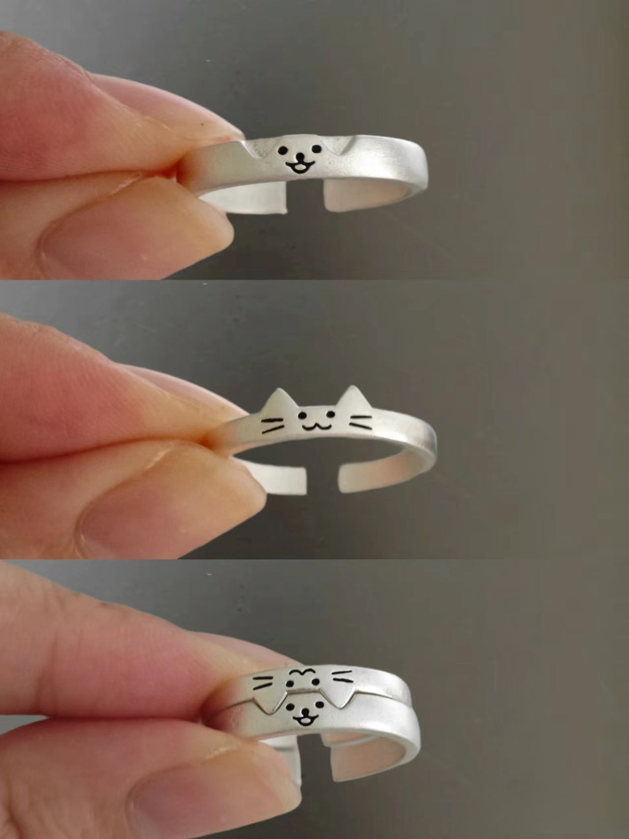 Süße offene Ringe aus Silber mit Katze und Hund