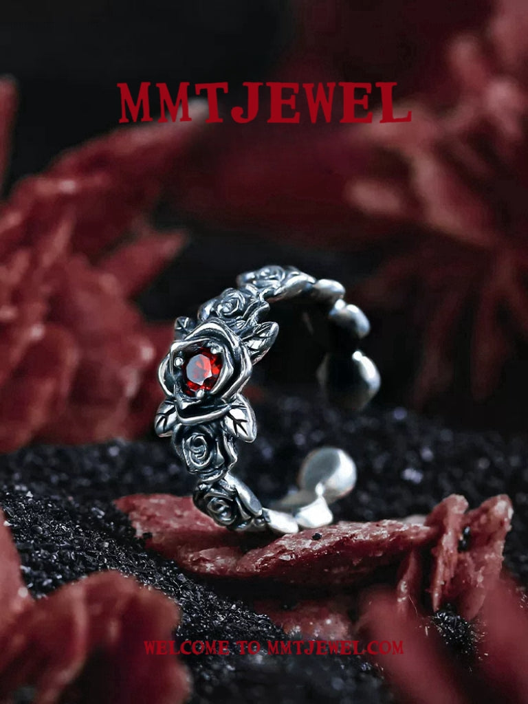 S925 Silber Vintage Rote Rose Ring