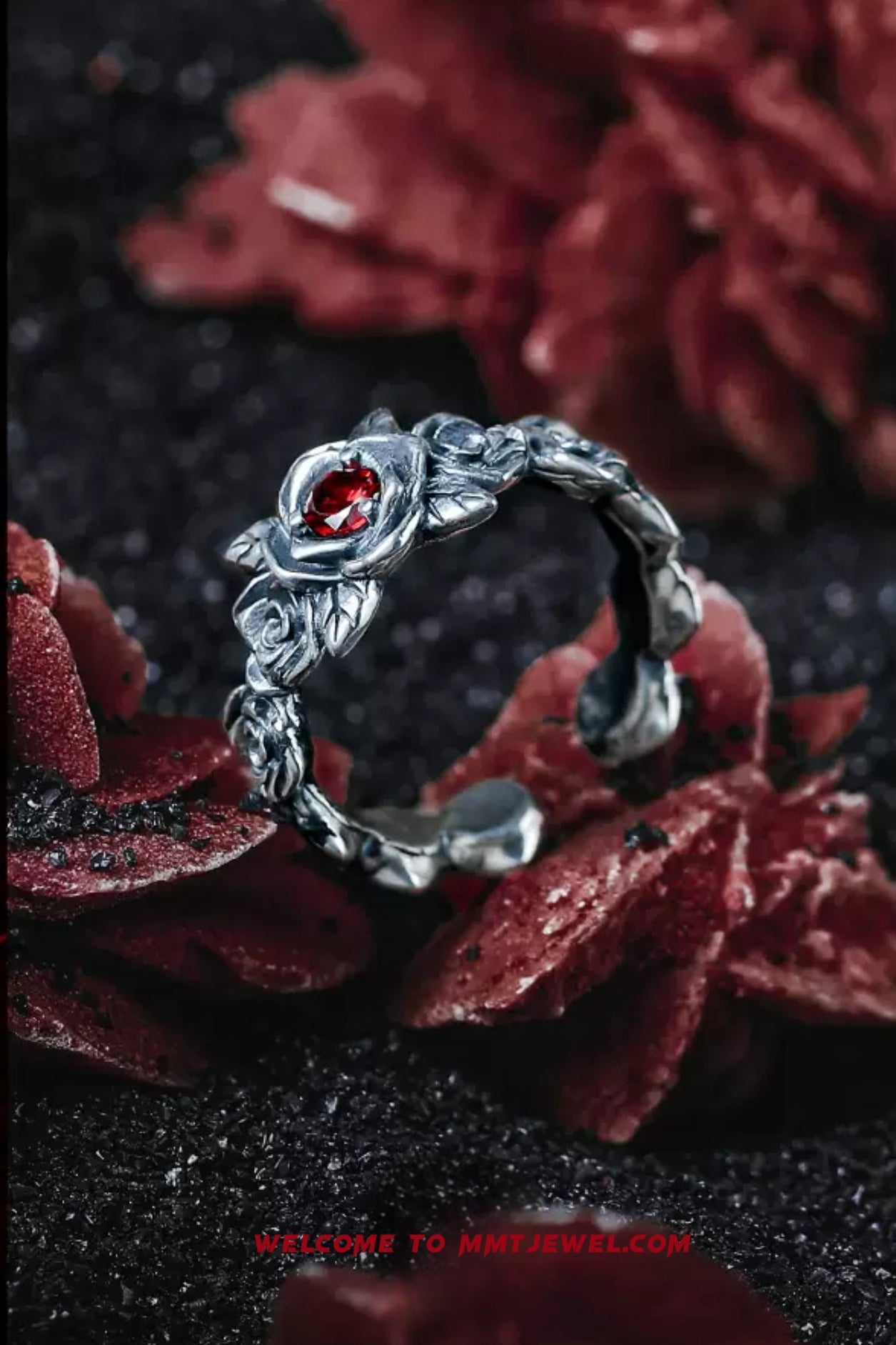 S925 Silber Vintage Rote Rose Ring