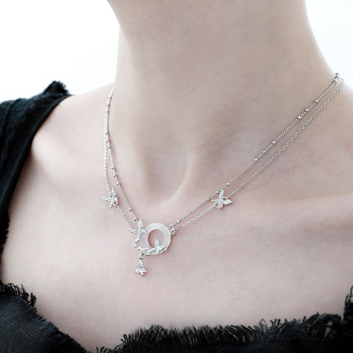 S925 Silber Schmetterling Weiße Jade Halskette