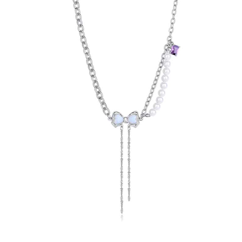 Sweet Girl White Opal Bow Rhinestone Necklace