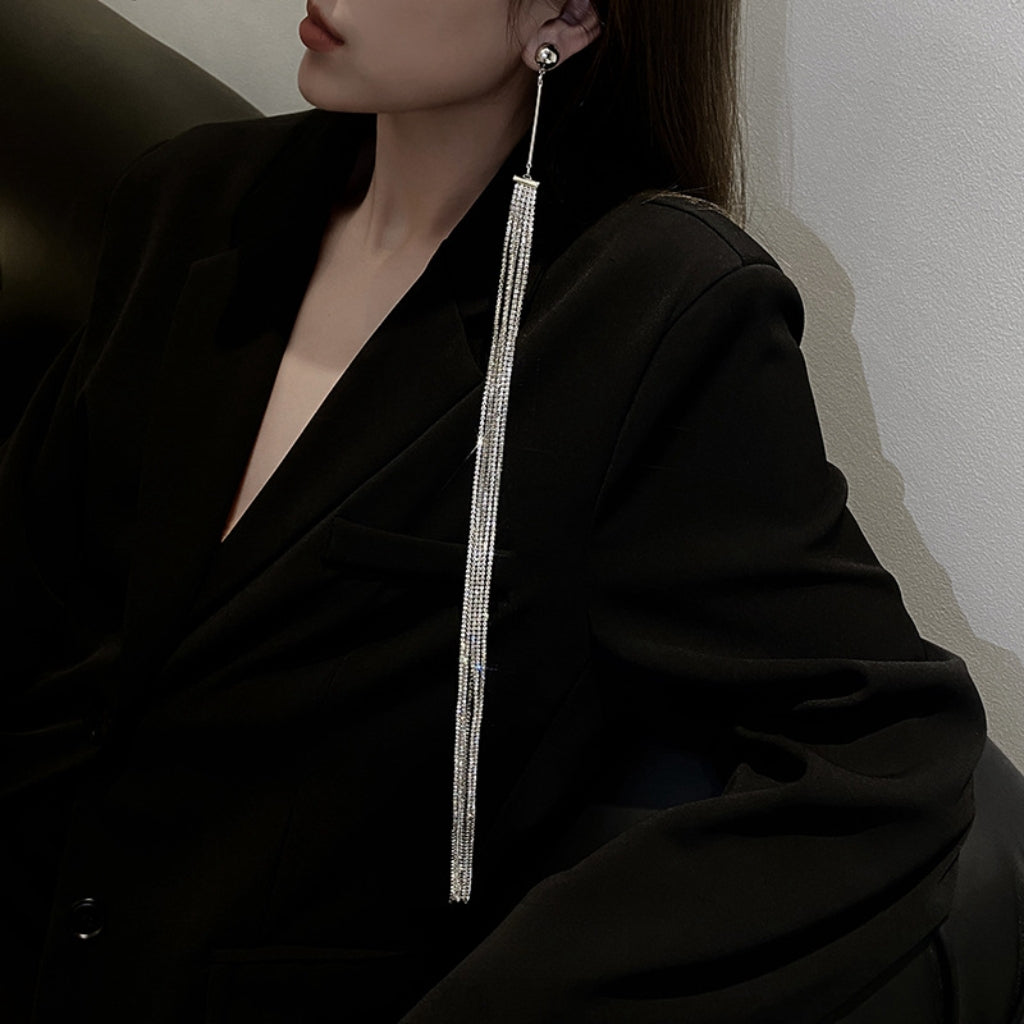 Women Silver Rhinestone Super Long Tassel Earring(Single one)