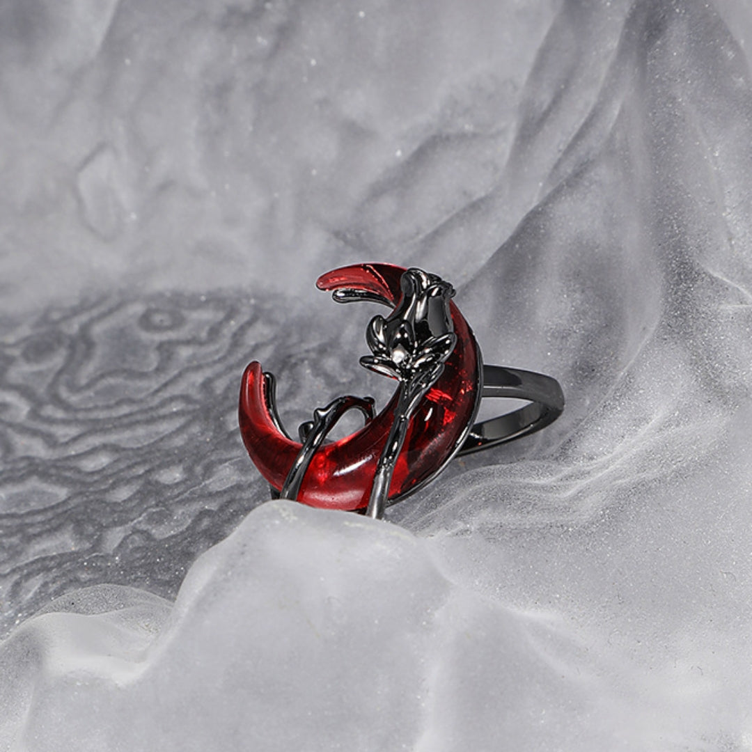 Vintage Punk Dunkelroter Halbmond &amp; Schwarze Rose Ring