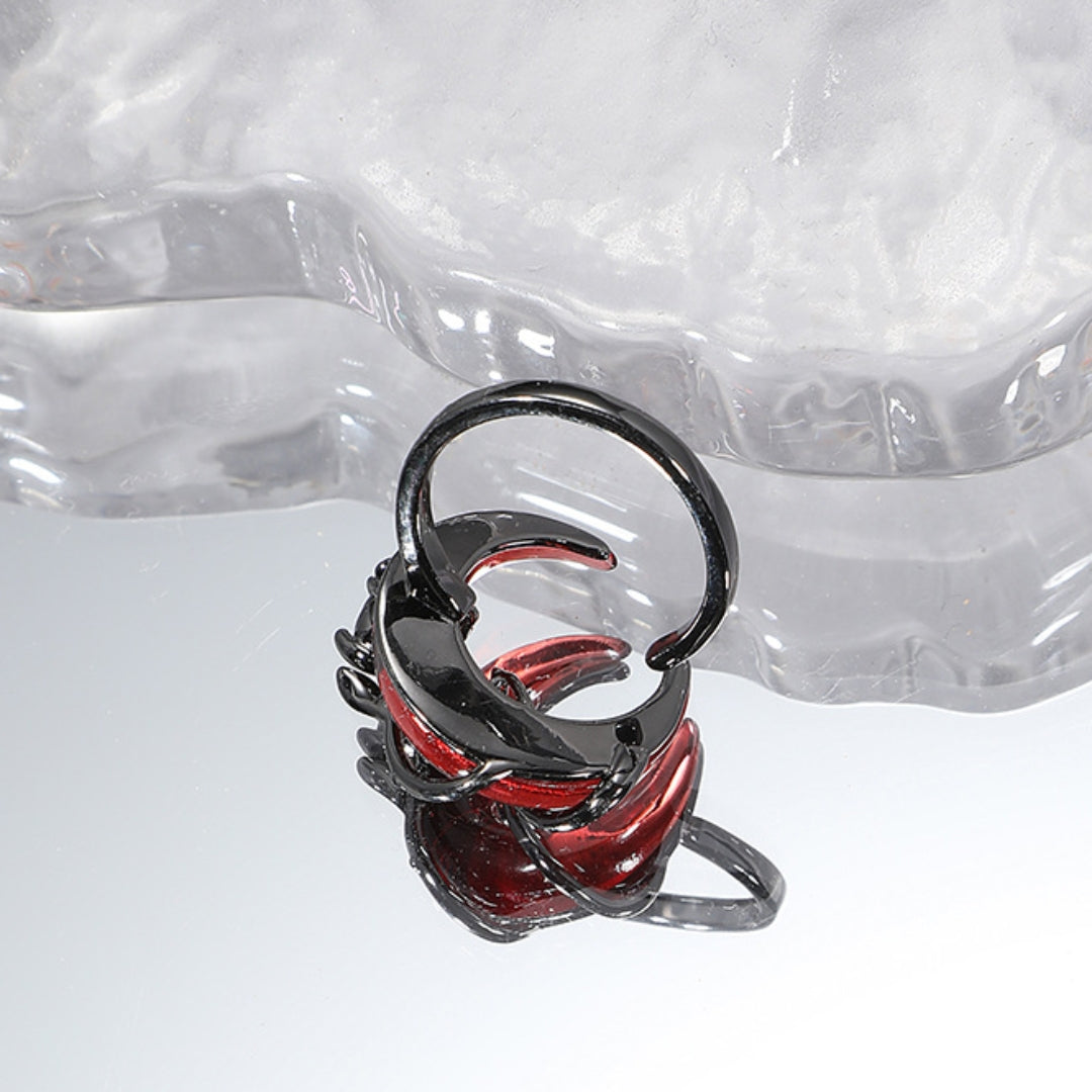Vintage Punk Dunkelroter Halbmond &amp; Schwarze Rose Ring