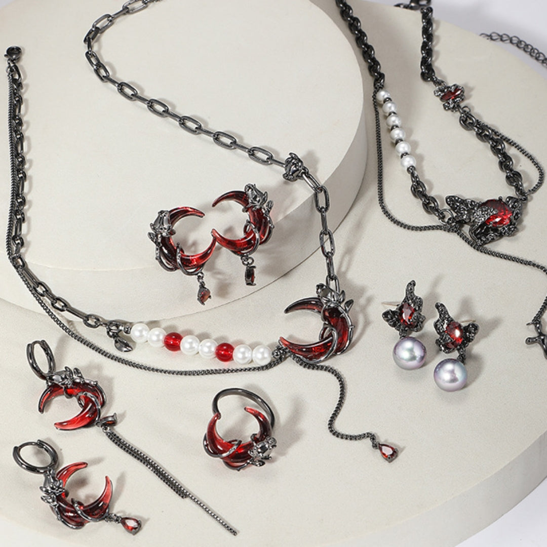 Vintage Punk Dunkelroter Halbmond &amp; Schwarze Rose Ring