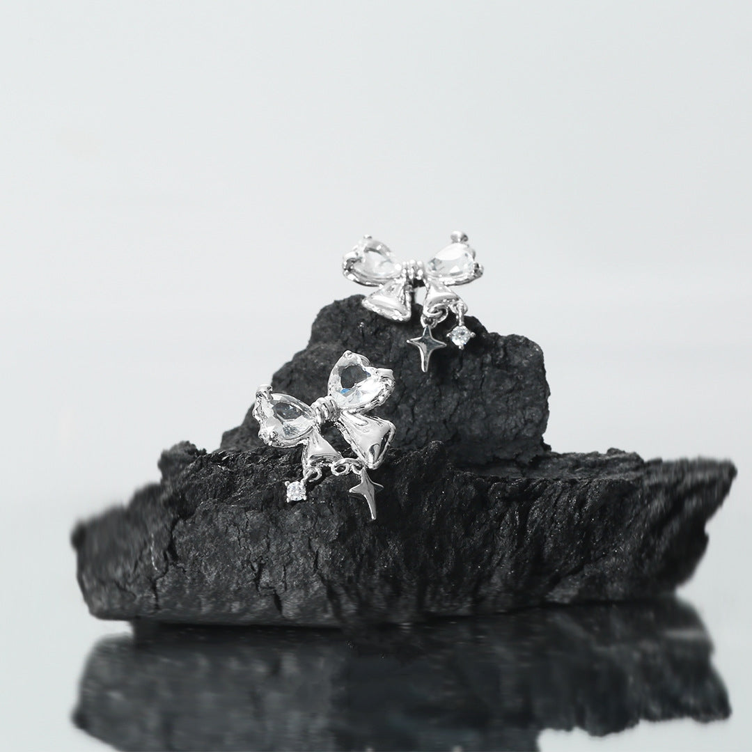 Süße Mädchen S925 Silber glänzende Zirkon Bogen Stud Ohrring