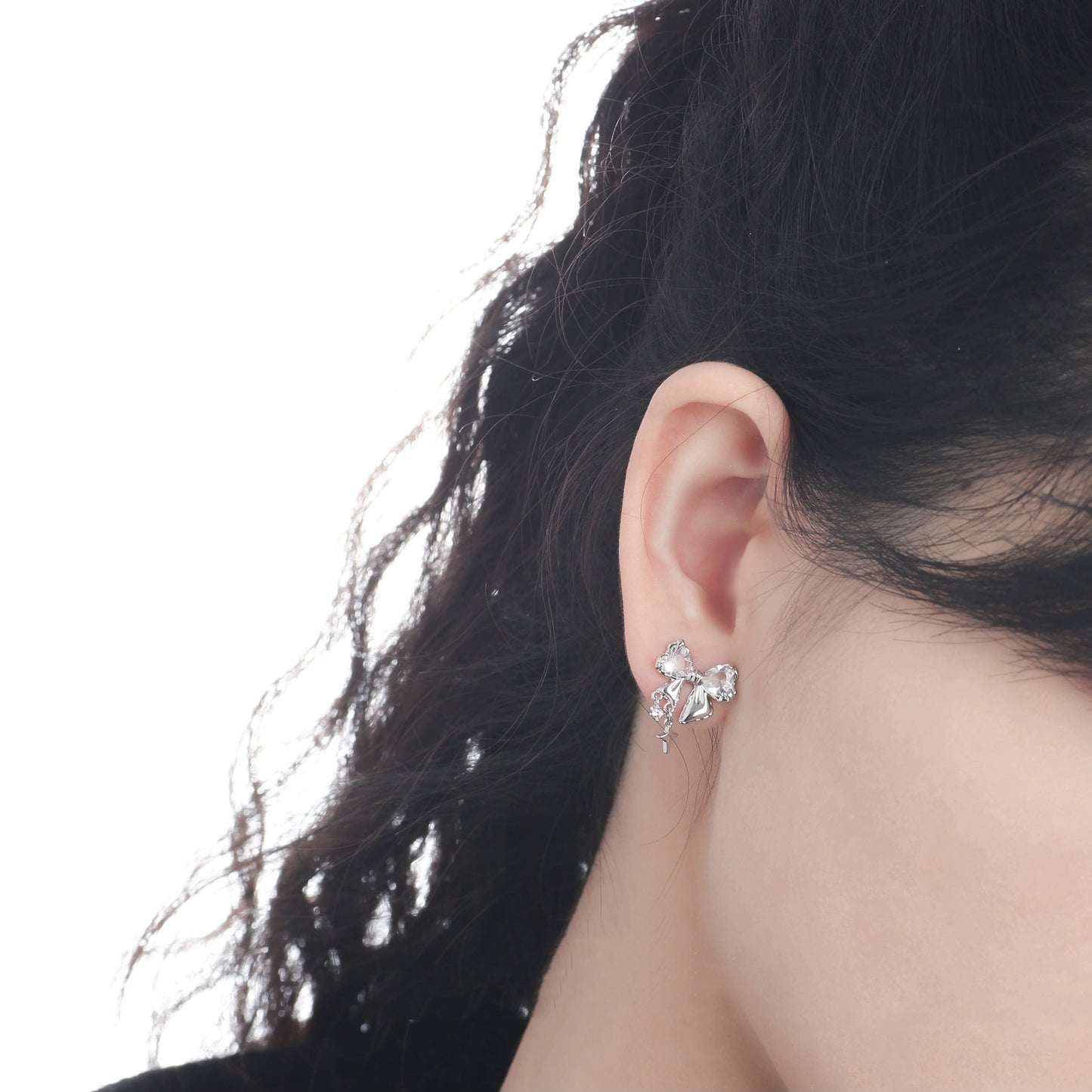 Süße Mädchen S925 Silber glänzende Zirkon Bogen Stud Ohrring