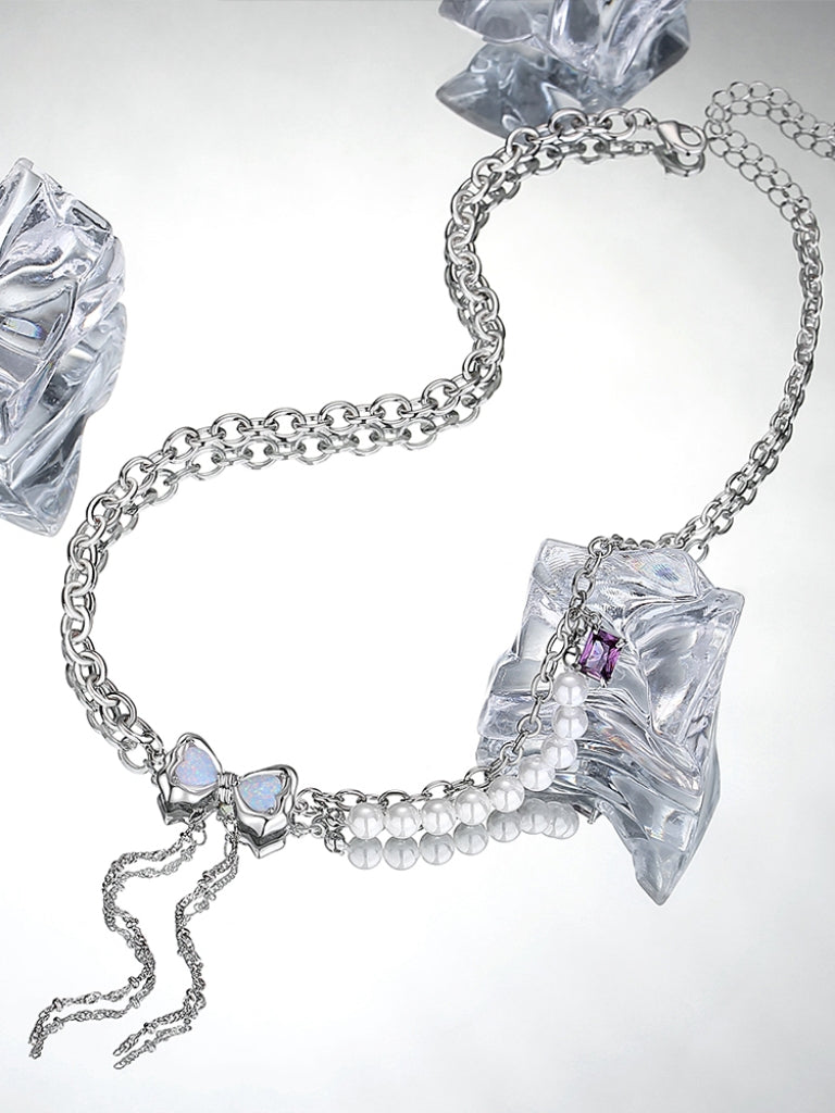 Sweet Girl White Opal Bow Rhinestone Necklace