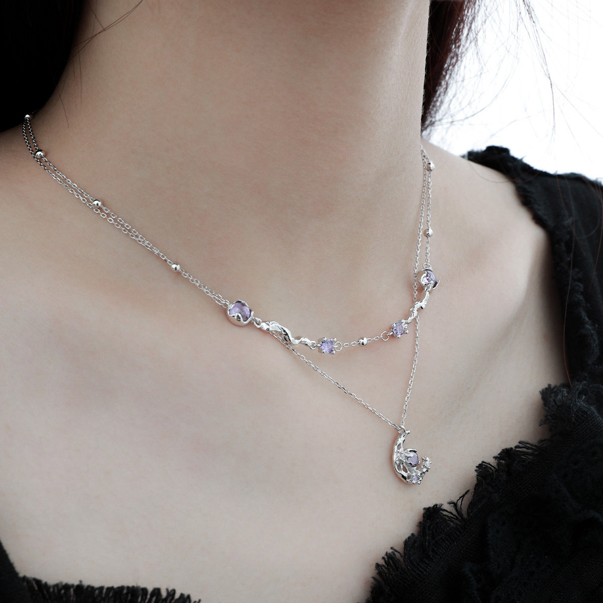 Designer Süße Mädchen Lila S925 Silber Mond Halskette