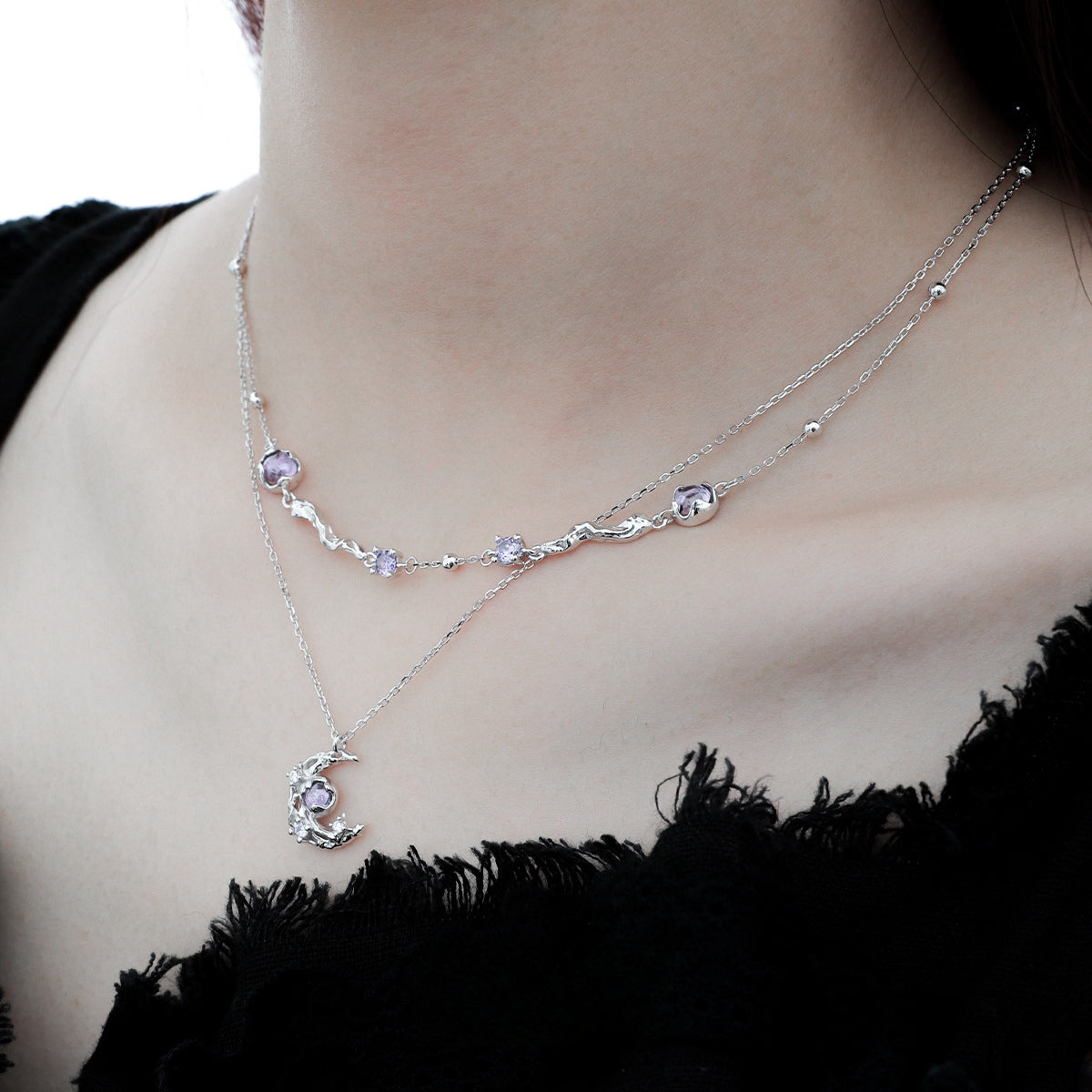 Designer Süße Mädchen Lila S925 Silber Mond Halskette