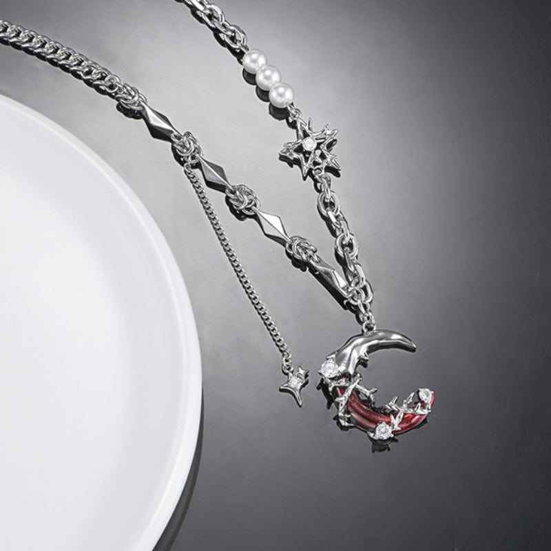 Gothic Stil Mädchen Rot Mond Leuchtenden Stern Halskette