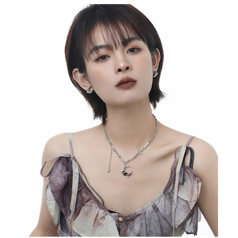 Gothic Stil Mädchen Rot Mond Leuchtenden Stern Halskette