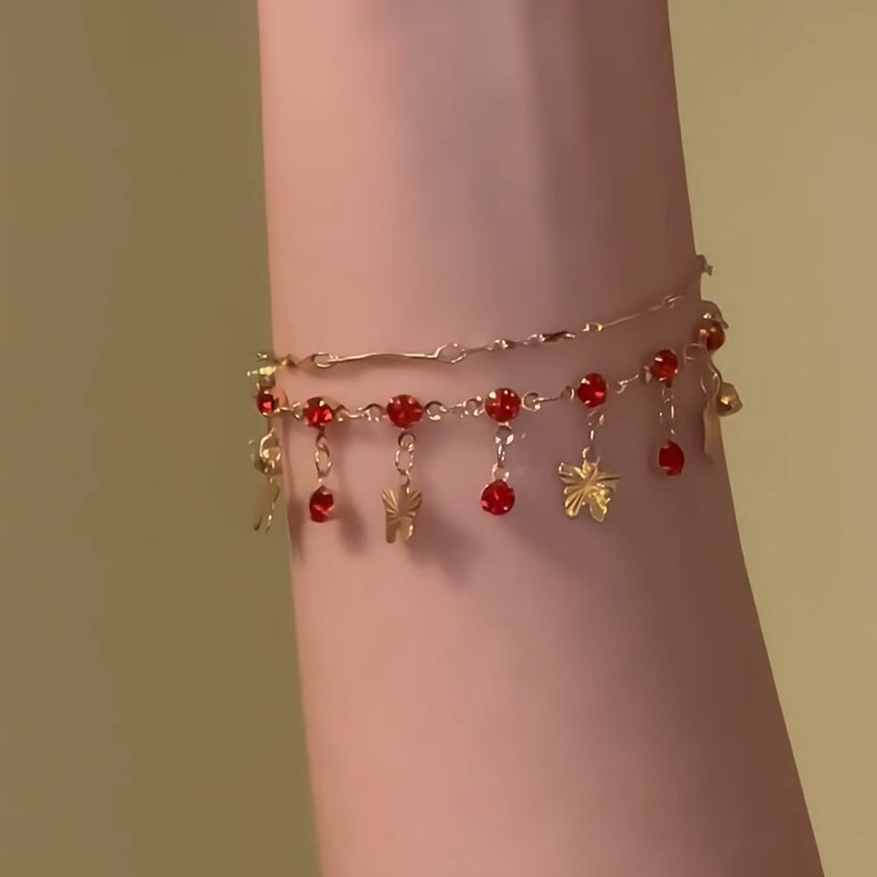 Y2K Mädchen Roter Schmetterling Doppellagige Kette Halskette &amp; Armband
